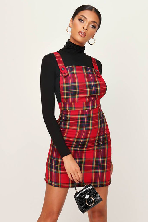 Red Woven Tartan Button Detail Pinafore ...